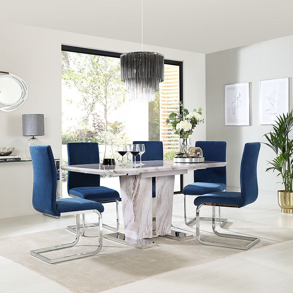 Vienna Extending Dining Table & 4 Perth Chairs, Grey Marble Effect, Blue Classic Velvet & Chrome, 120-160cm