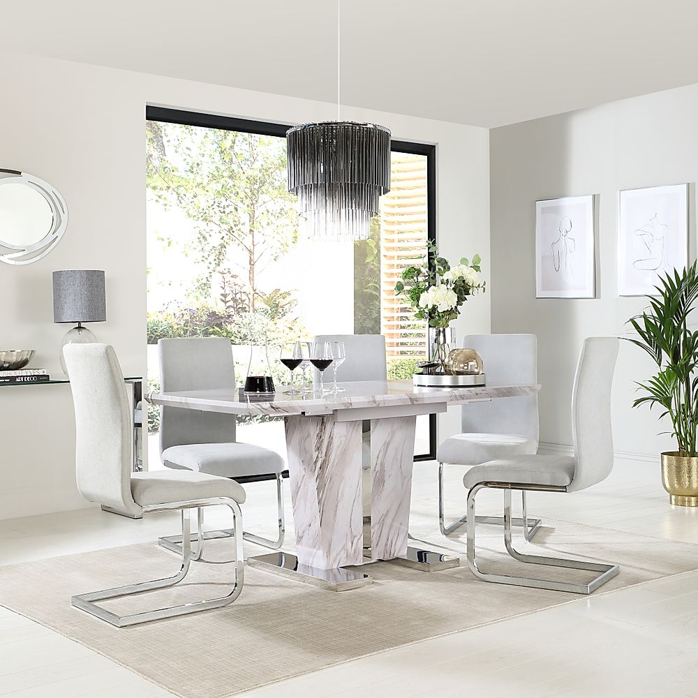 Vienna Extending Dining Table & 4 Perth Chairs, Grey Marble Effect, Dove Grey Classic Plush Fabric & Chrome, 120-160cm