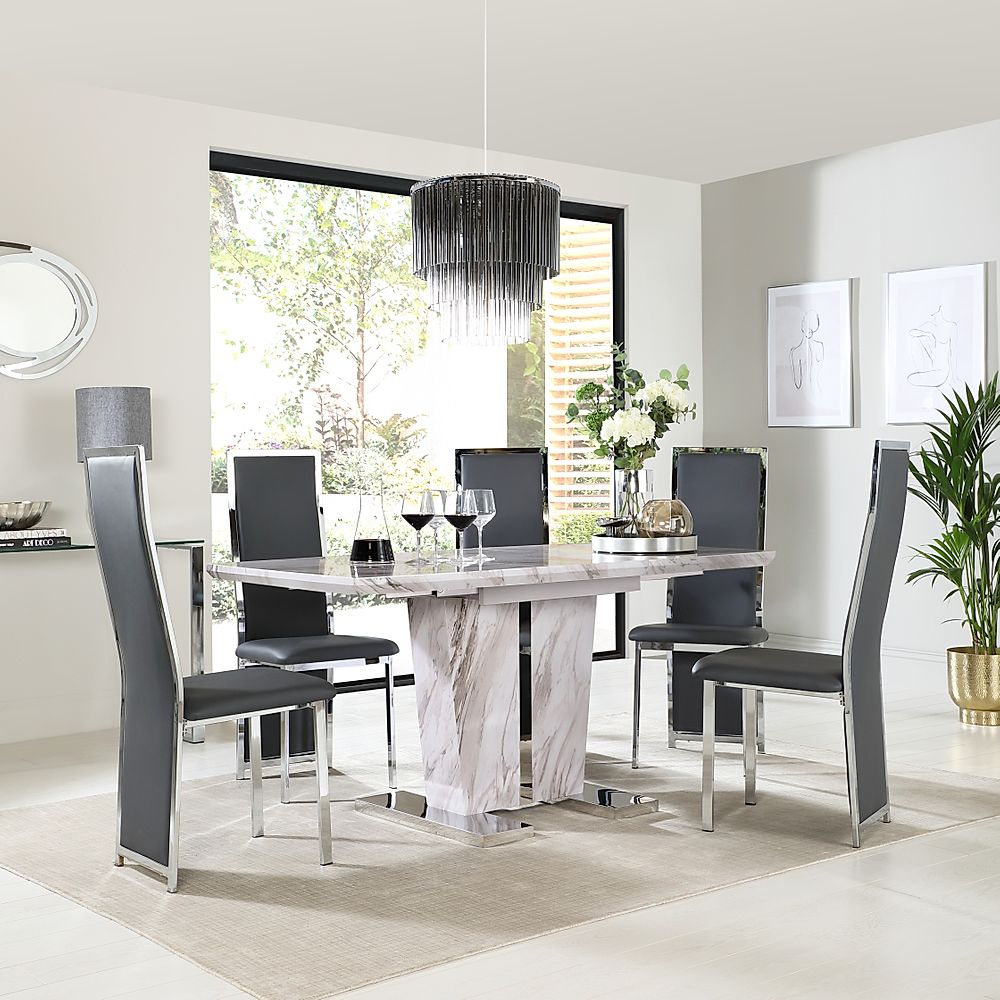 Vienna Extending Dining Table & 4 Celeste Chairs, Grey Marble Effect, Grey Classic Faux Leather & Chrome, 120-160cm