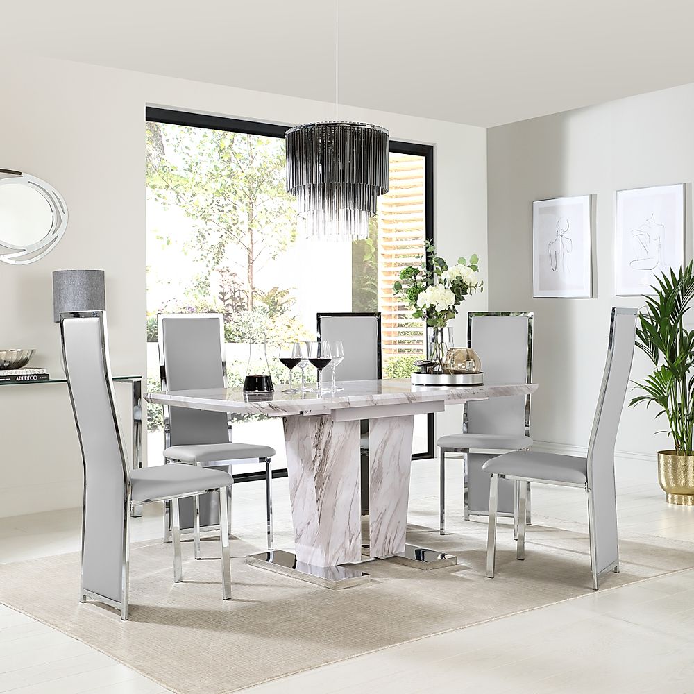 Vienna Extending Dining Table & 4 Celeste Chairs, Grey Marble Effect, Light Grey Classic Faux Leather & Chrome, 120-160cm