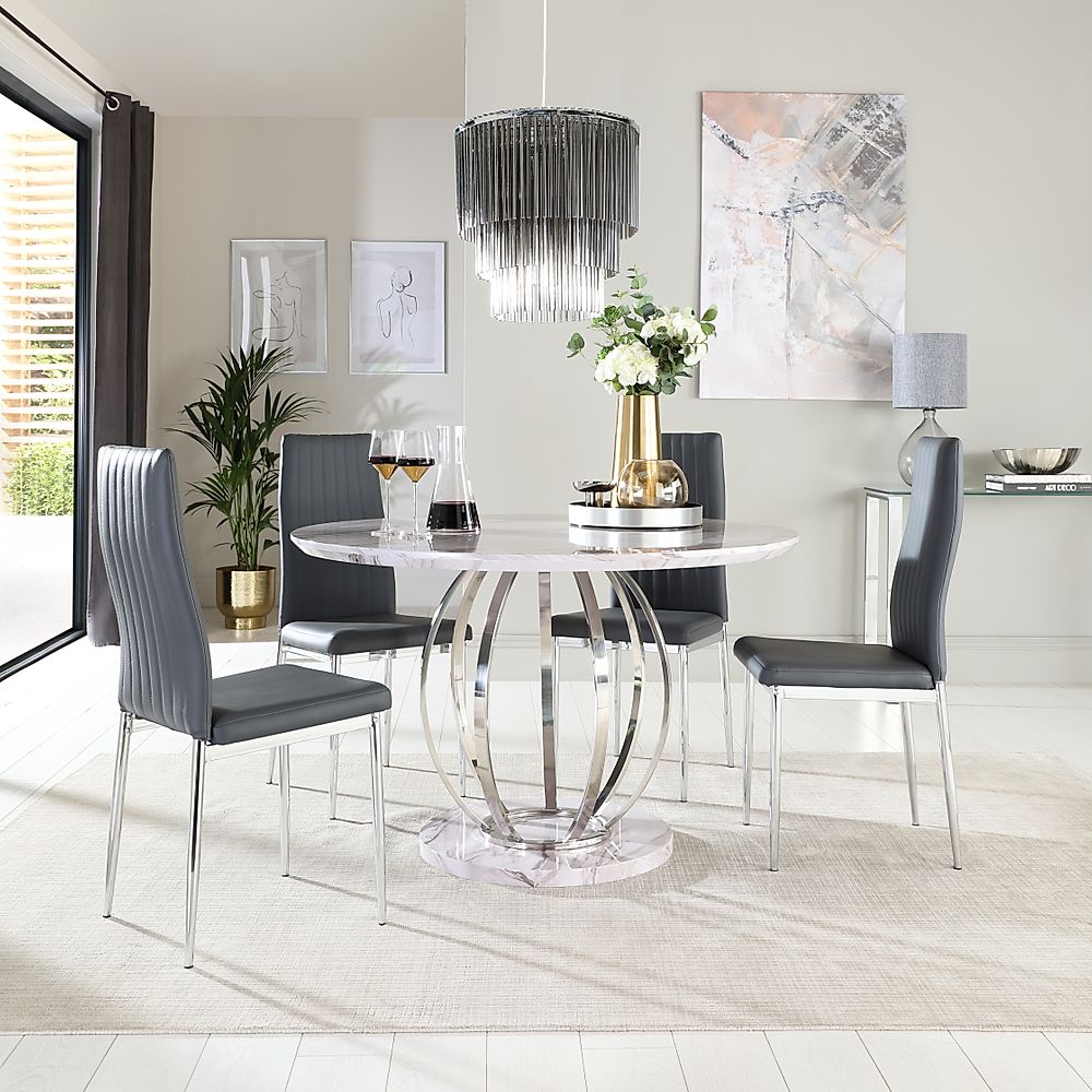Savoy Round Dining Table & 4 Leon Chairs, Grey Marble Effect & Chrome, Grey Classic Faux Leather, 120cm