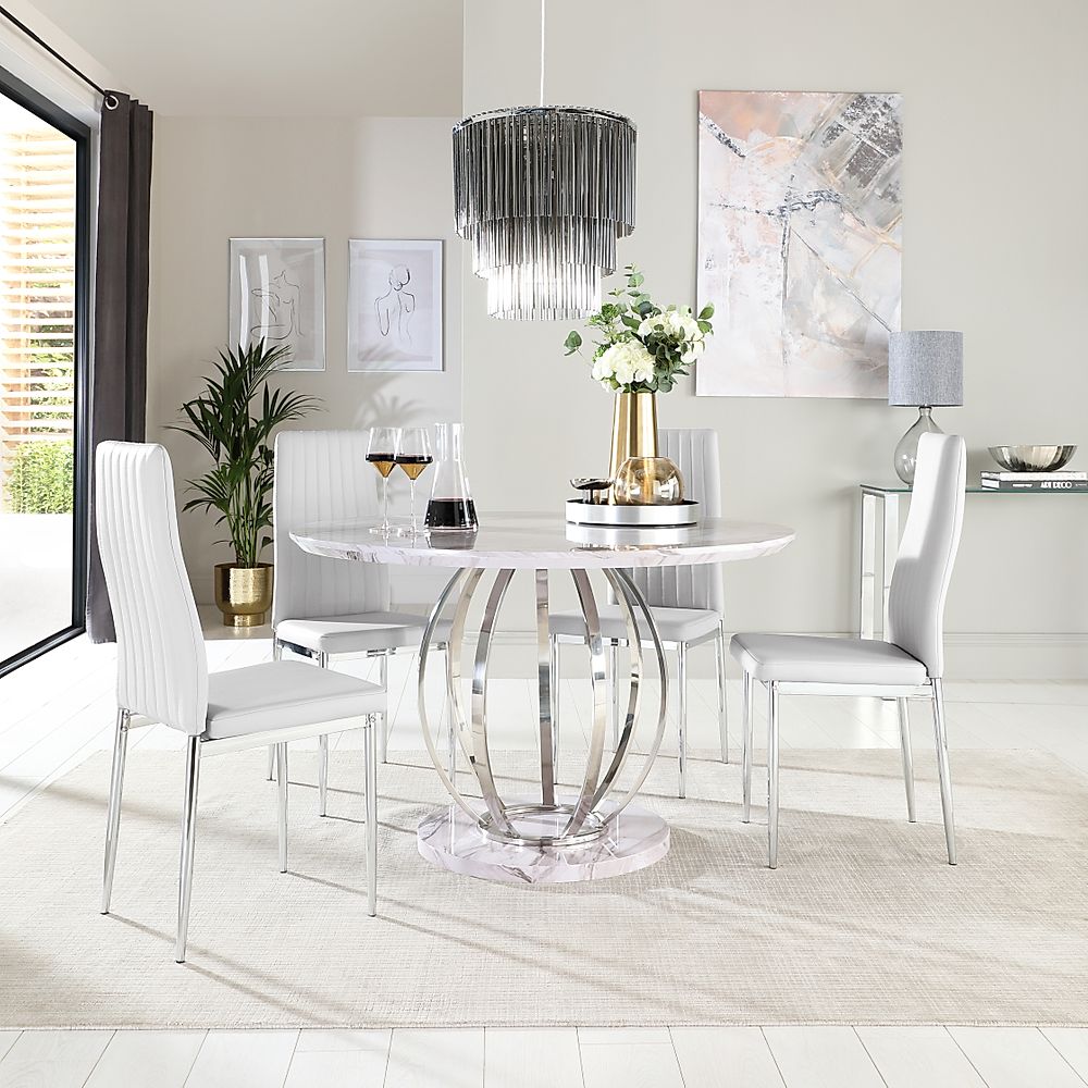 Savoy Round Dining Table & 4 Leon Chairs, Grey Marble Effect & Chrome, Light Grey Classic Faux Leather, 120cm