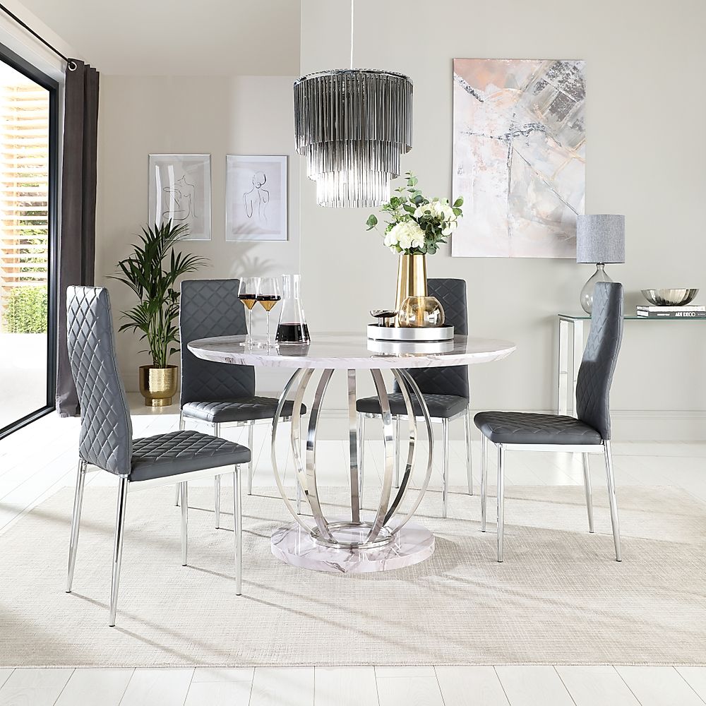 Savoy Round Dining Table & 4 Renzo Chairs, Grey Marble Effect & Chrome, Grey Classic Faux Leather, 120cm