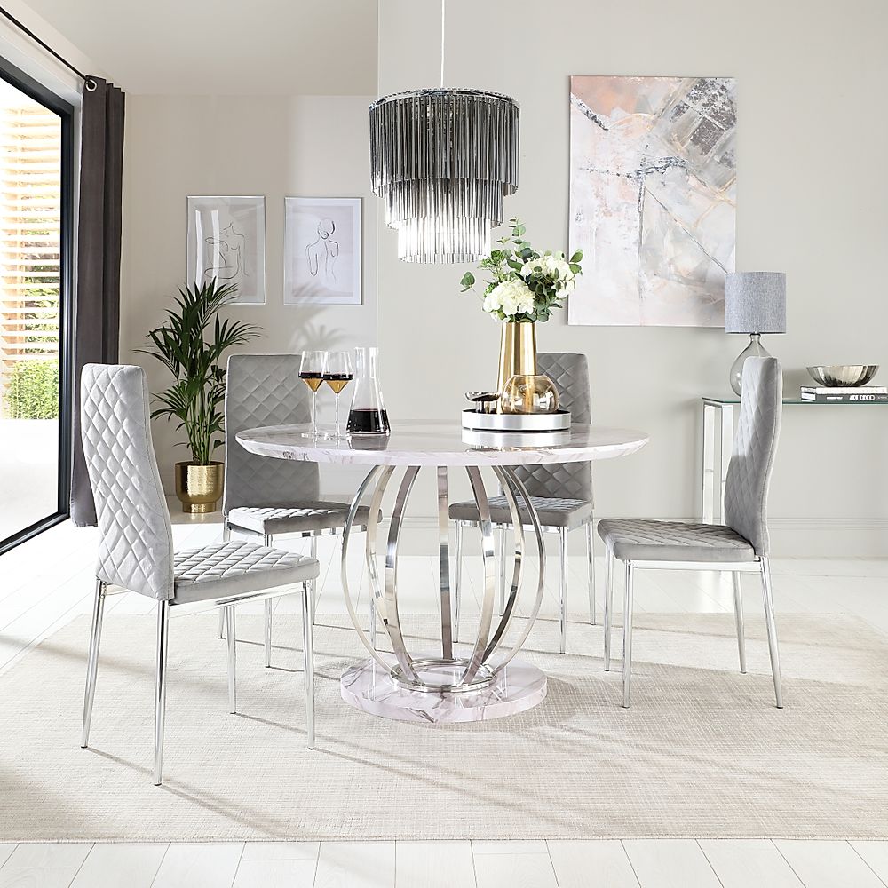 Savoy Round Dining Table & 4 Renzo Chairs, Grey Marble Effect & Chrome, Grey Classic Velvet, 120cm