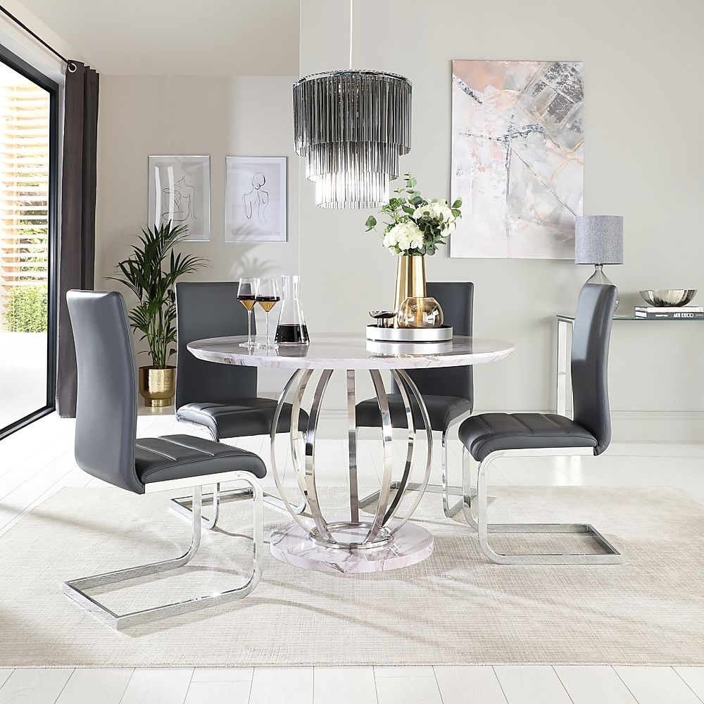 Savoy Round Dining Table & 4 Perth Chairs, Grey Marble Effect & Chrome, Grey Classic Faux Leather, 120cm