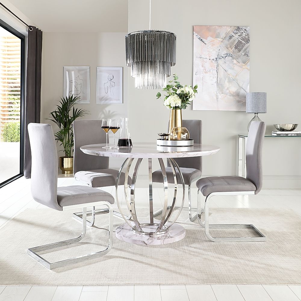 Savoy Round Dining Table & 4 Perth Chairs, Grey Marble Effect & Chrome, Grey Classic Velvet, 120cm