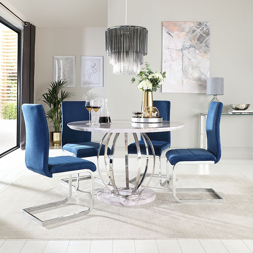 Savoy Round Dining Table & 4 Perth Chairs, Grey Marble Effect & Chrome, Blue Classic Velvet, 120cm