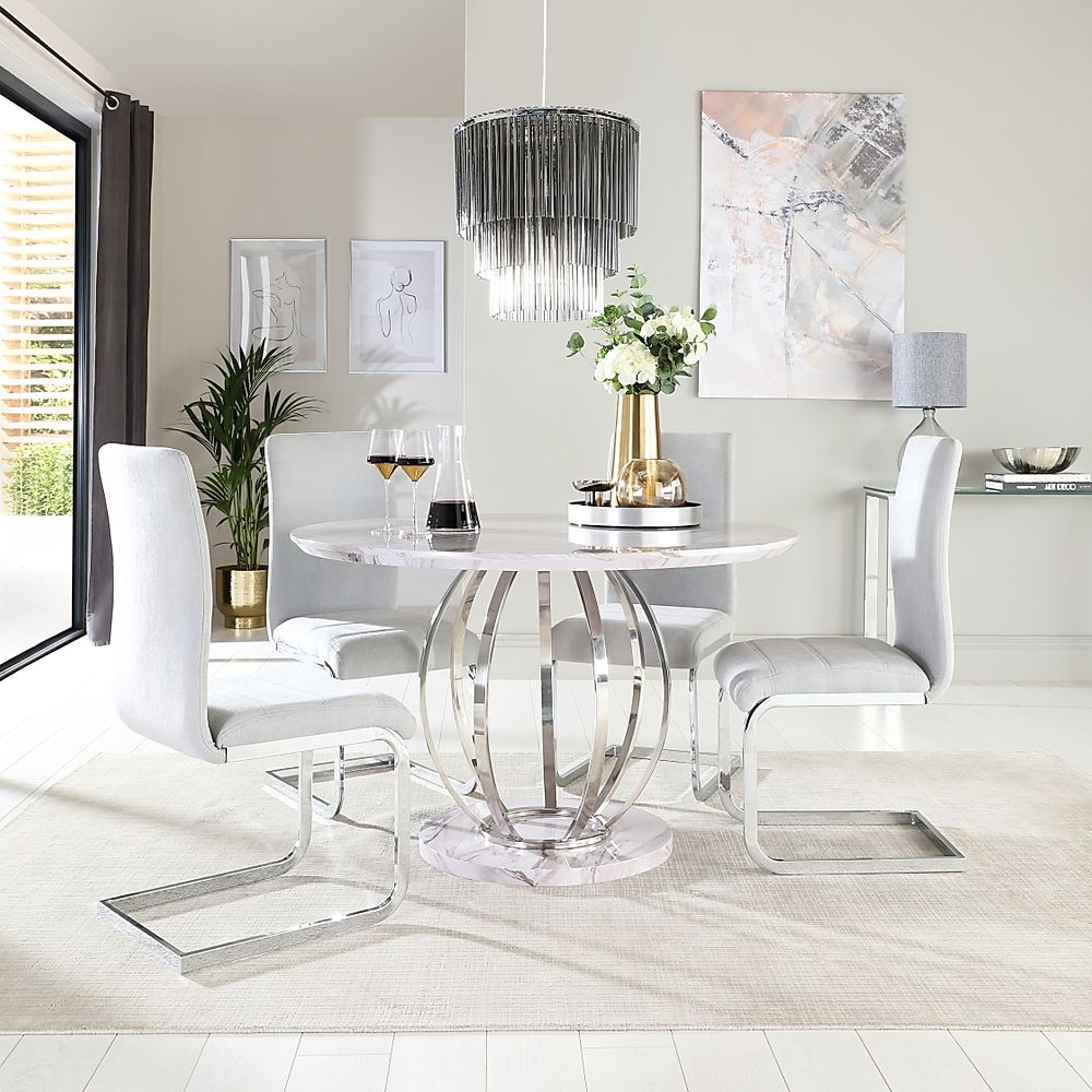 Savoy Round Dining Table & 4 Perth Chairs, Grey Marble Effect & Chrome, Dove Grey Classic Plush Fabric, 120cm