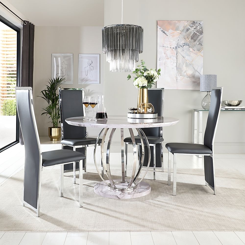 Savoy Round Dining Table & 4 Celeste Chairs, Grey Marble Effect & Chrome, Grey Classic Faux Leather, 120cm