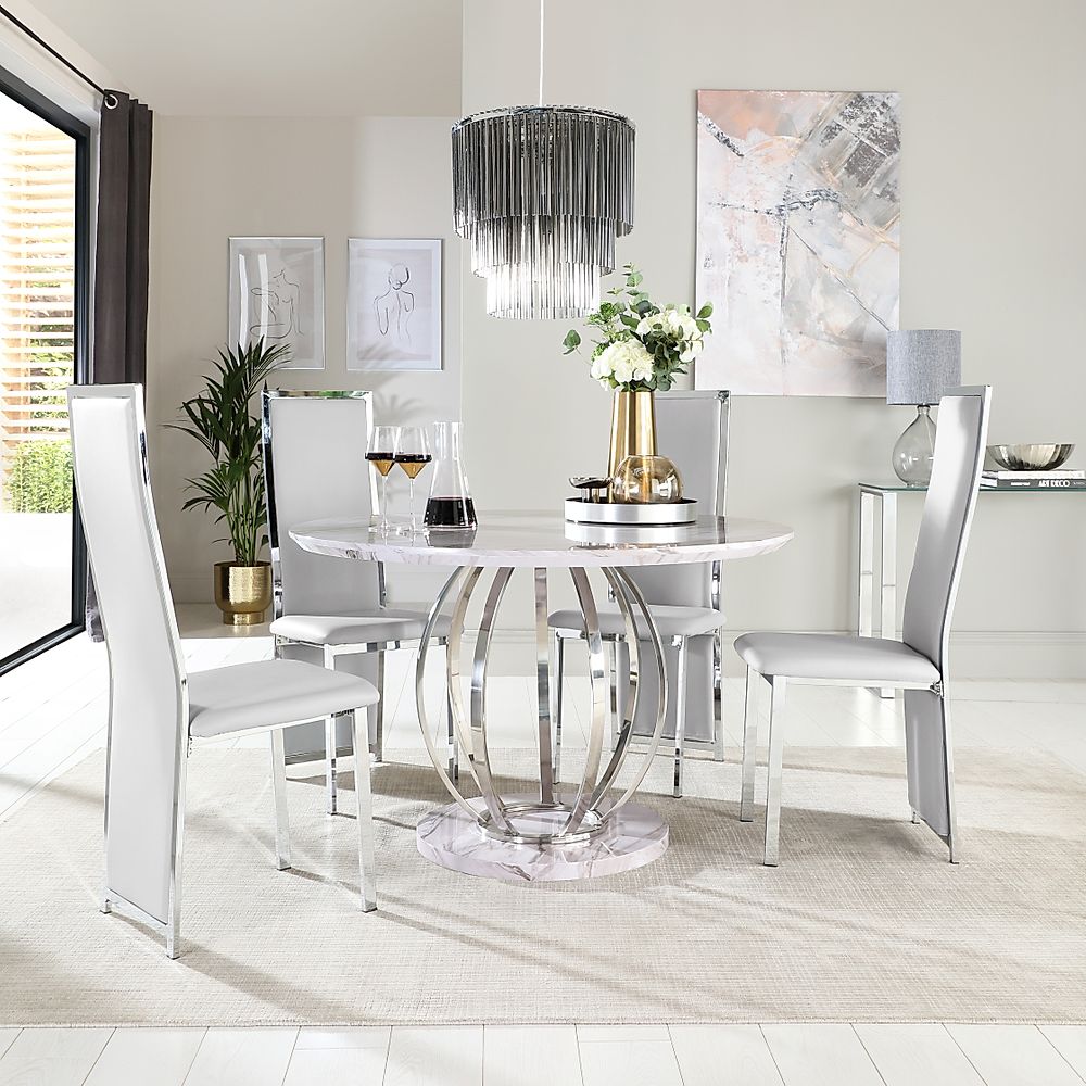 Savoy Round Dining Table & 4 Celeste Chairs, Grey Marble Effect & Chrome, Light Grey Classic Faux Leather, 120cm