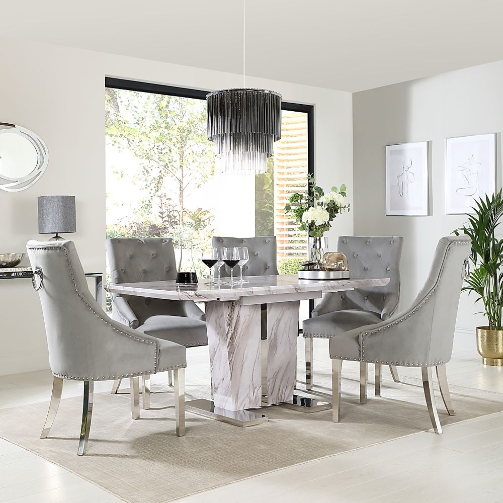 Vienna Extending Dining Table & 4 Imperial Chairs, Grey Marble Effect, Grey Classic Velvet & Chrome, 120-160cm
