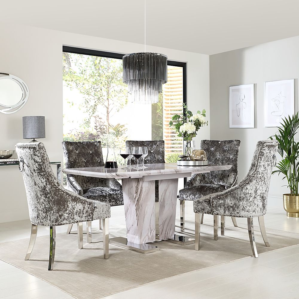 Vienna Extending Dining Table & 4 Imperial Chairs, Grey Marble Effect, Silver Crushed Velvet & Chrome, 120-160cm
