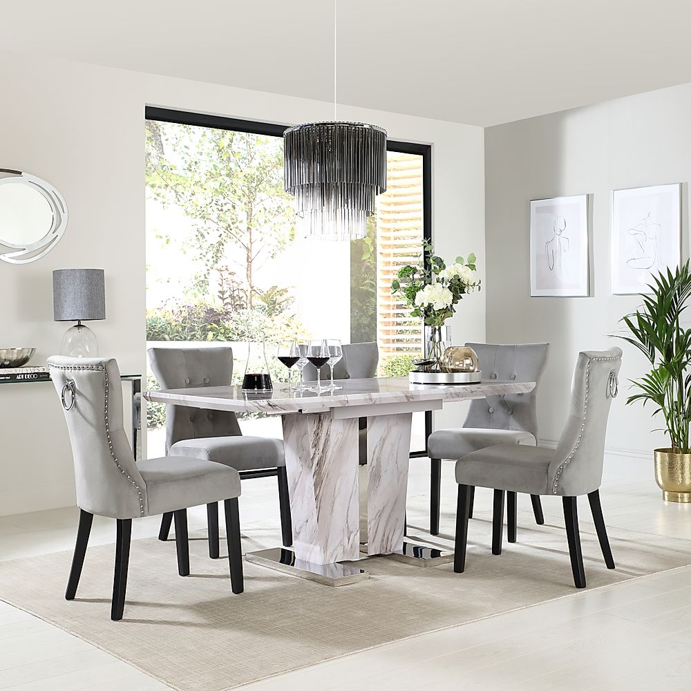 Vienna Extending Dining Table & 4 Kensington Chairs, Grey Marble Effect, Grey Classic Velvet & Black Solid Hardwood, 120-160cm