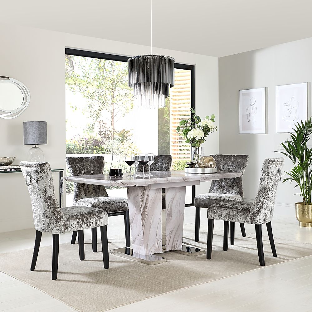 Vienna Extending Dining Table & 4 Kensington Chairs, Grey Marble Effect, Silver Crushed Velvet & Black Solid Hardwood, 120-160cm