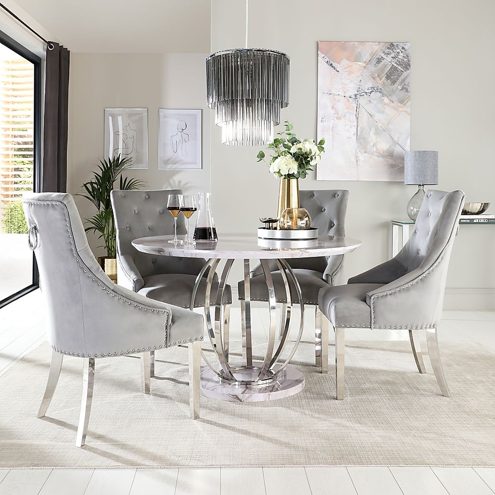 Savoy Round Dining Table & 4 Imperial Chairs, Grey Marble Effect & Chrome, Grey Classic Velvet, 120cm