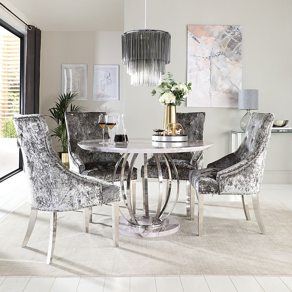 Savoy Round Dining Table & 4 Imperial Chairs, Grey Marble Effect & Chrome, Silver Crushed Velvet, 120cm