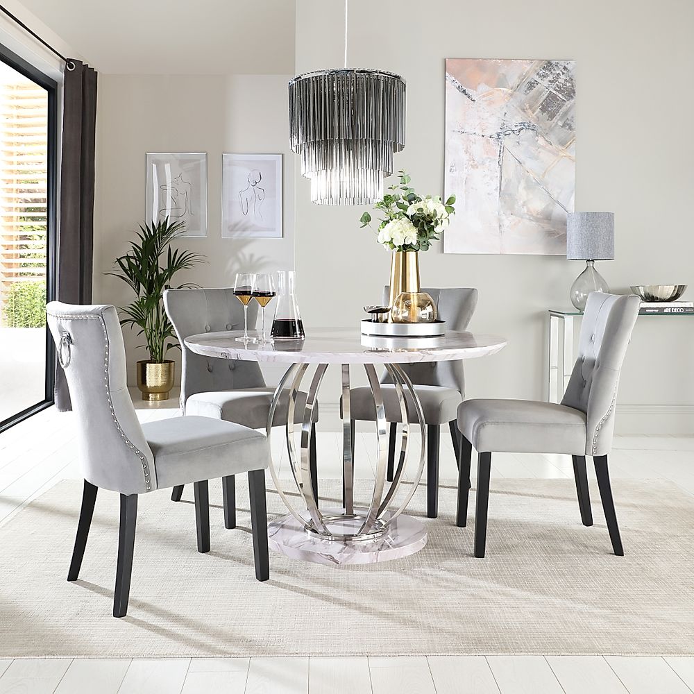 Savoy Round Dining Table & 4 Kensington Chairs, Grey Marble Effect & Chrome, Grey Classic Velvet & Black Solid Hardwood, 120cm