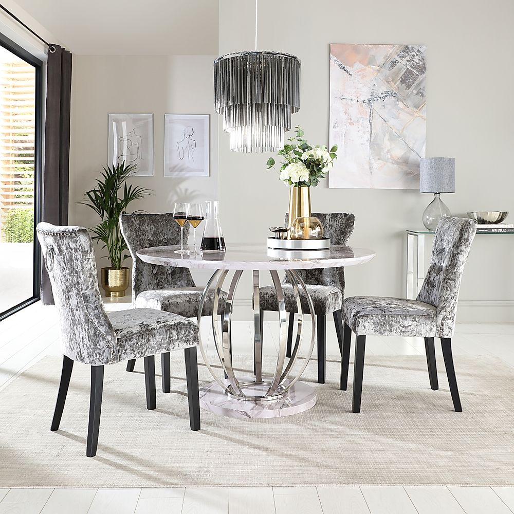 Savoy Round Dining Table & 4 Kensington Chairs, Grey Marble Effect & Chrome, Silver Crushed Velvet & Black Solid Hardwood, 120cm