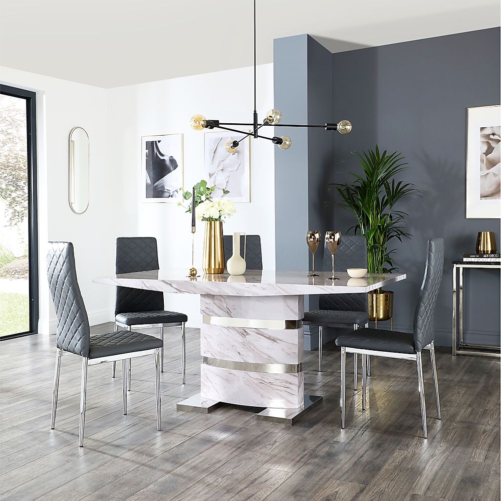 Komoro Dining Table & 4 Renzo Chairs, Grey Marble Effect & Chrome, Grey Classic Faux Leather, 160cm