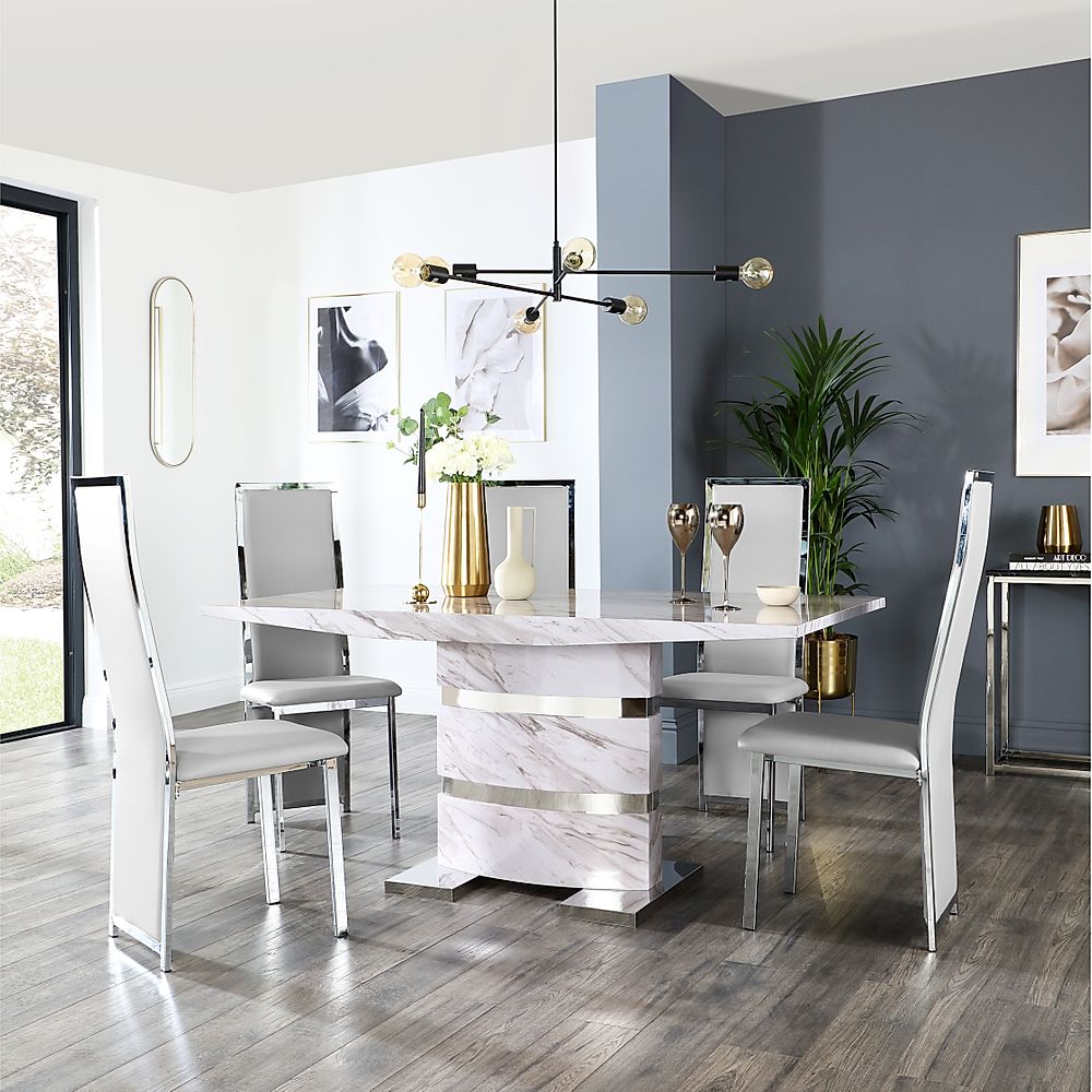 Komoro Dining Table & 6 Celeste Chairs, Grey Marble Effect & Chrome, Light Grey Classic Faux Leather, 160cm