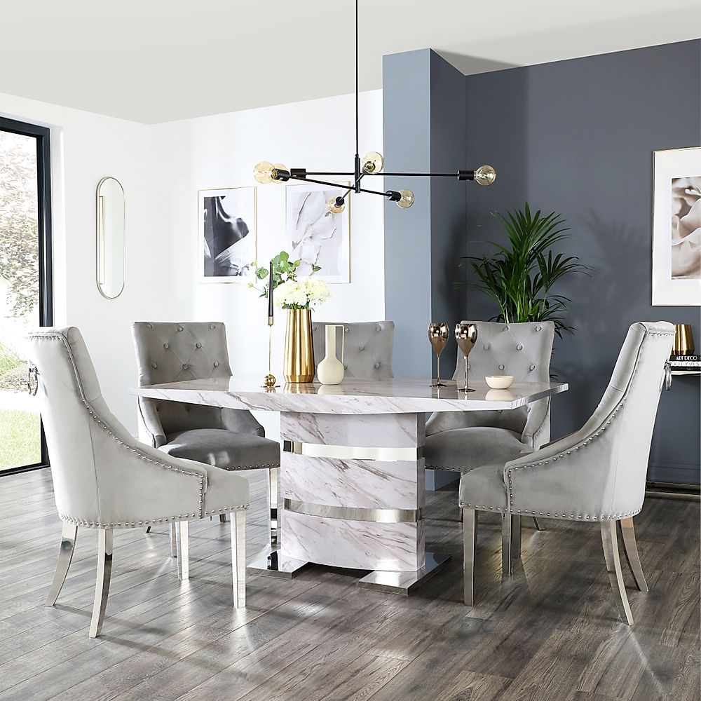 Komoro Dining Table & 4 Imperial Chairs, Grey Marble Effect & Chrome, Grey Classic Velvet, 160cm