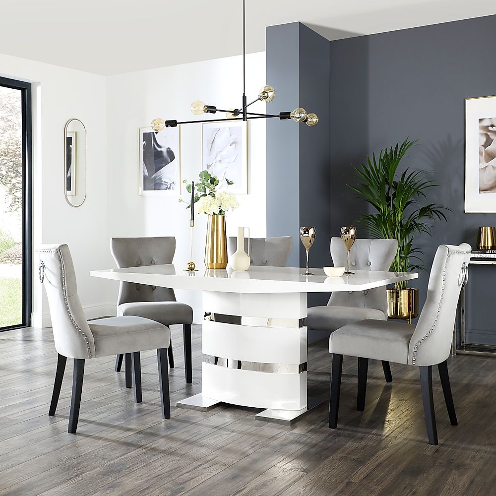 Komoro Dining Table & 4 Kensington Chairs, White High Gloss & Chrome, Grey Classic Velvet & Black Solid Hardwood, 160cm