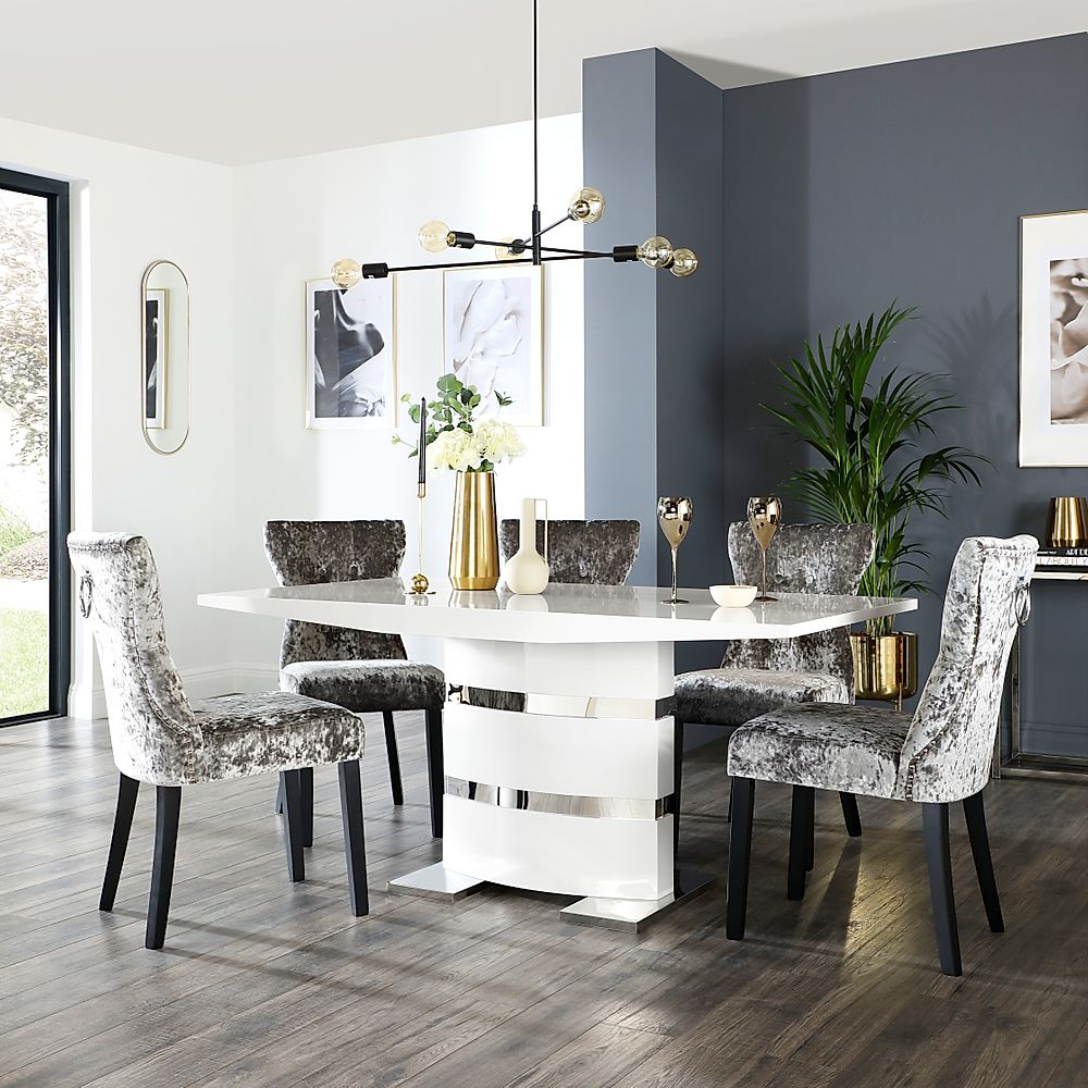 Komoro Dining Table & 6 Kensington Chairs, White High Gloss & Chrome, Silver Crushed Velvet & Black Solid Hardwood, 160cm