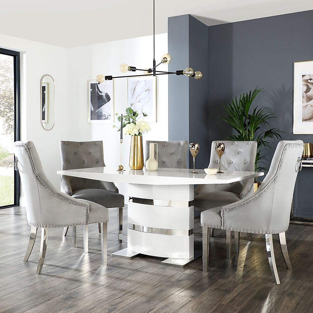 Komoro Dining Table & 4 Imperial Chairs, White High Gloss & Chrome, Grey Classic Velvet, 160cm