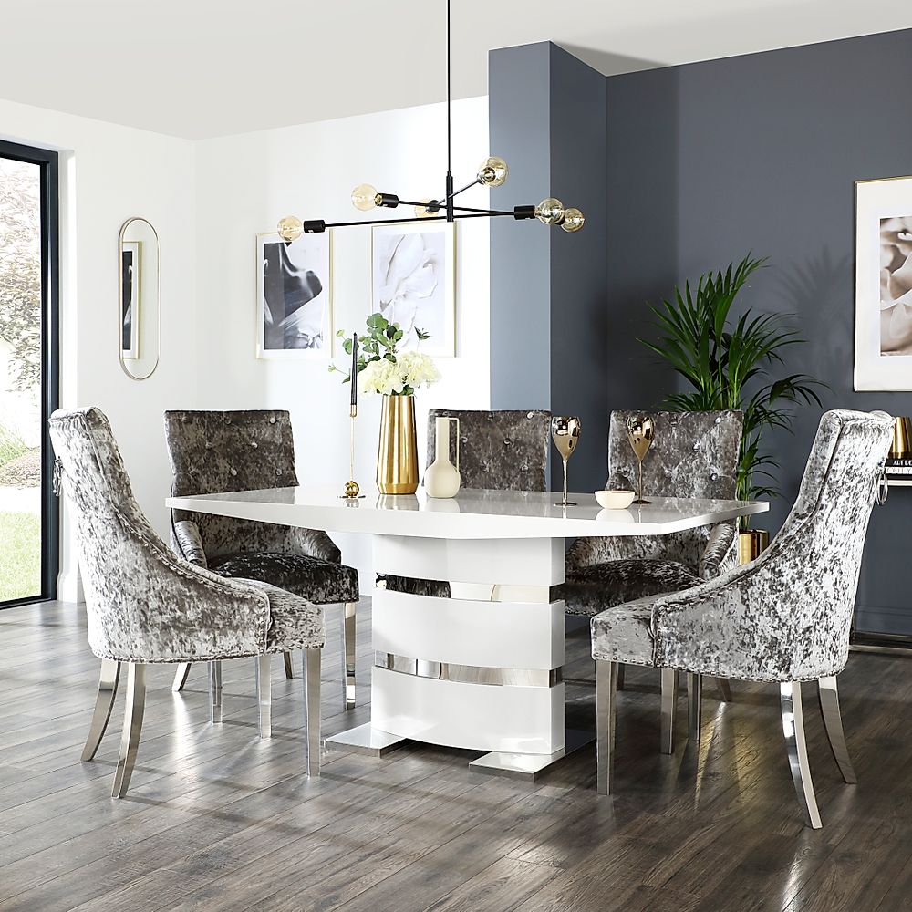 Komoro Dining Table & 4 Imperial Chairs, White High Gloss & Chrome, Silver Crushed Velvet, 160cm