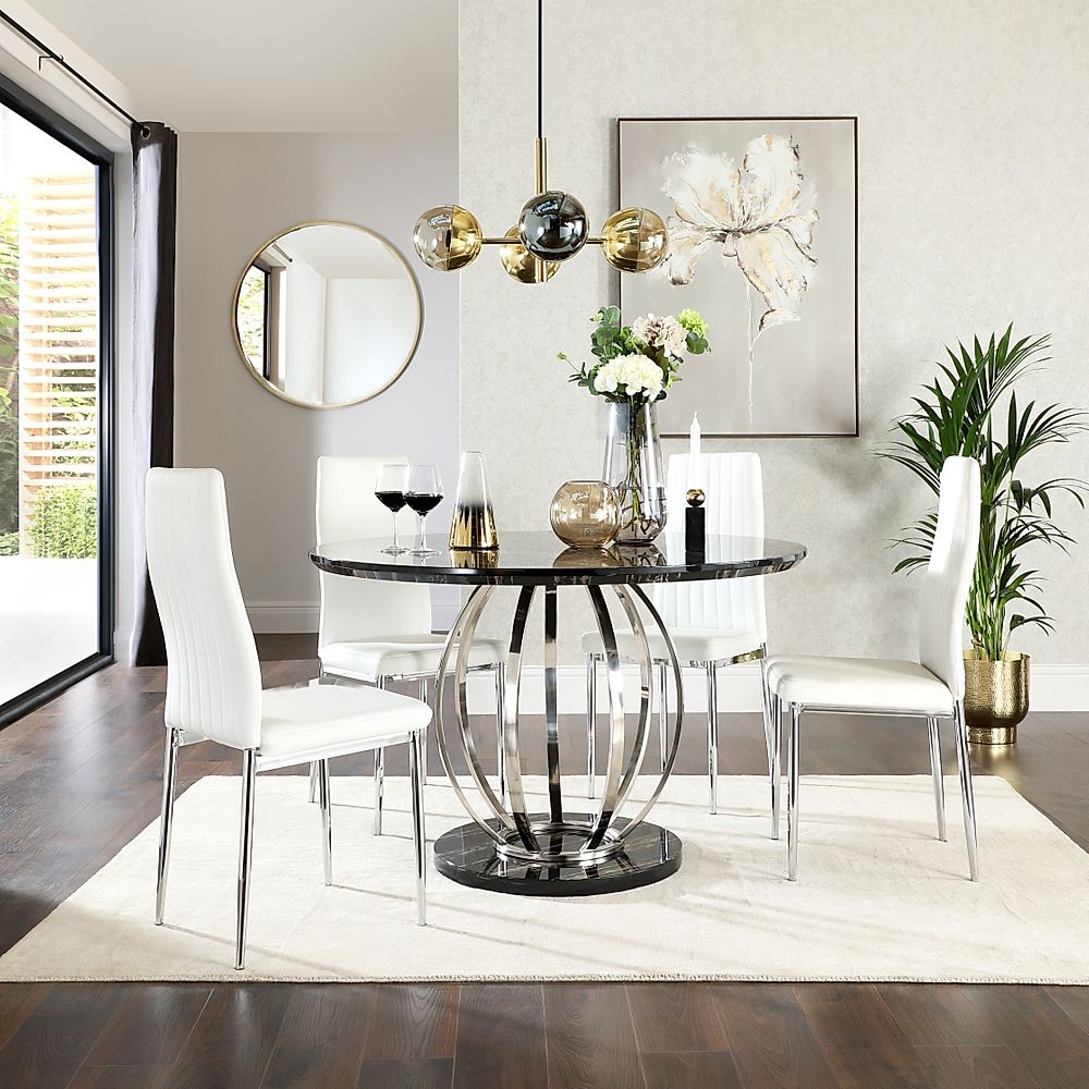 Savoy Round Dining Table & 4 Leon Chairs, Black Marble Effect & Chrome, White Classic Faux Leather, 120cm