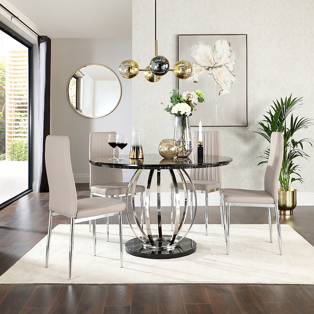 Savoy Round Dining Table & 4 Leon Chairs, Black Marble Effect & Chrome, Stone Grey Classic Faux Leather, 120cm