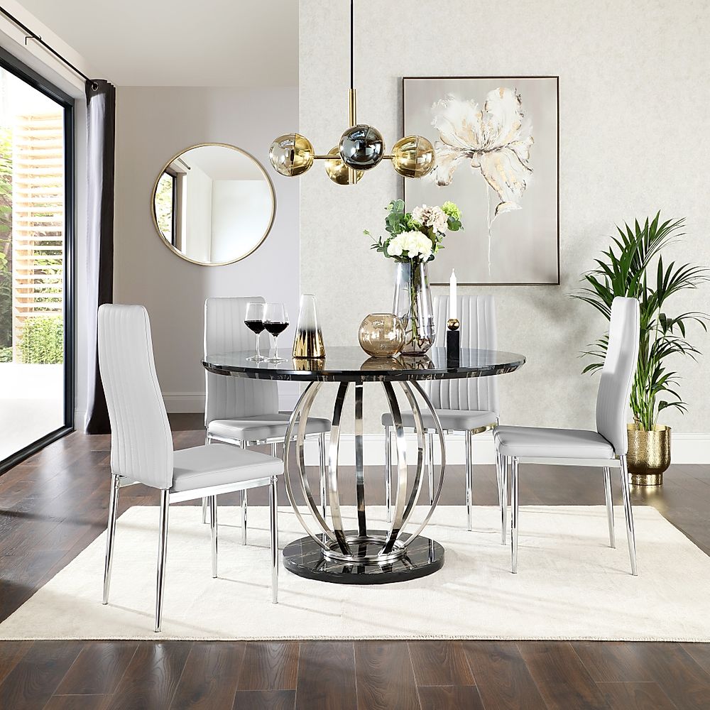 Savoy Round Dining Table & 4 Leon Chairs, Black Marble Effect & Chrome, Light Grey Classic Faux Leather, 120cm