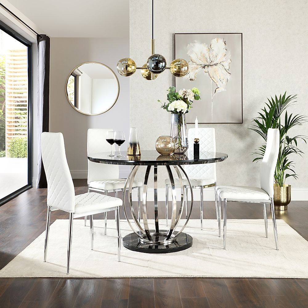 Savoy Round Dining Table & 4 Renzo Chairs, Black Marble Effect & Chrome, White Classic Faux Leather, 120cm