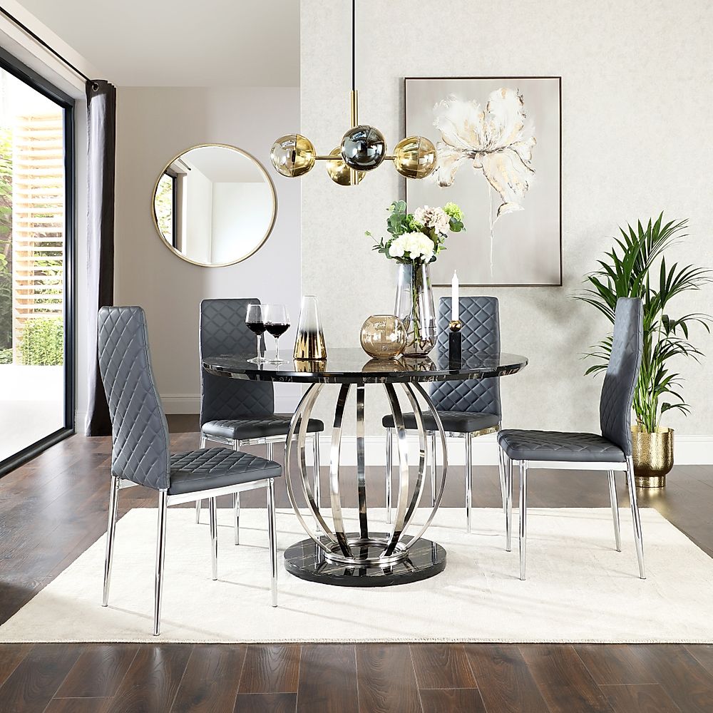 Savoy Round Dining Table & 4 Renzo Chairs, Black Marble Effect & Chrome, Grey Classic Faux Leather, 120cm