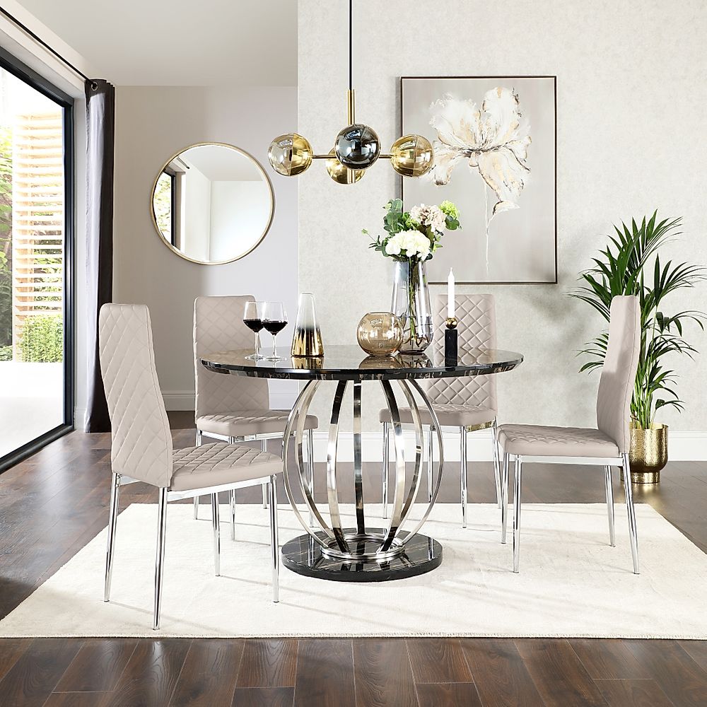 Savoy Round Dining Table & 4 Renzo Chairs, Black Marble Effect & Chrome, Stone Grey Classic Faux Leather, 120cm