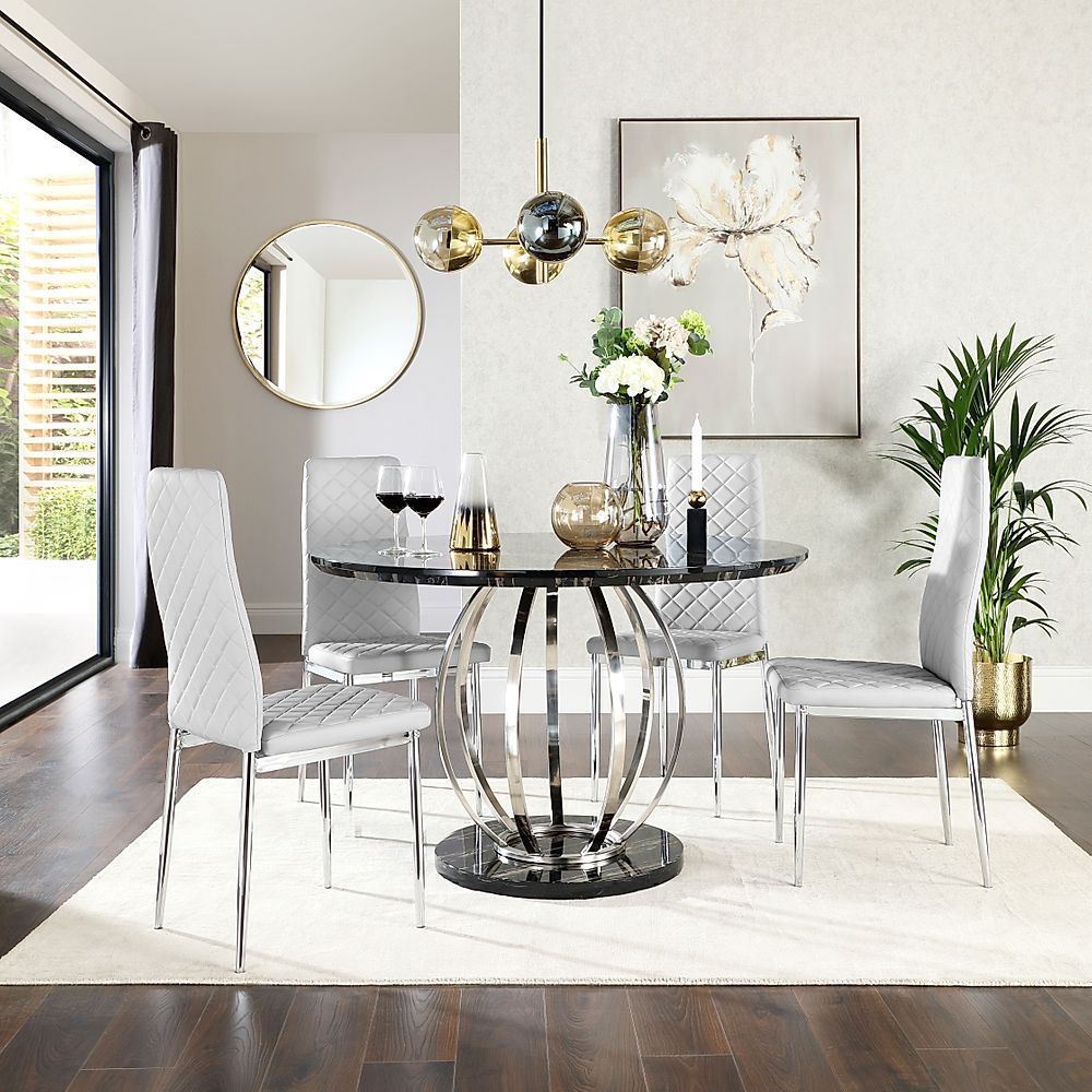 Savoy Round Dining Table & 4 Renzo Chairs, Black Marble Effect & Chrome, Light Grey Classic Faux Leather, 120cm