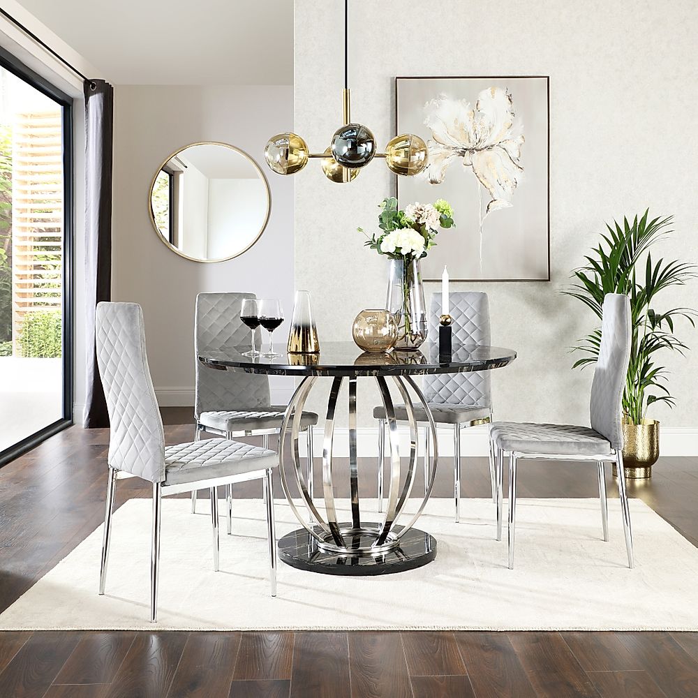 Savoy Round Dining Table & 4 Renzo Chairs, Black Marble Effect & Chrome, Grey Classic Velvet, 120cm