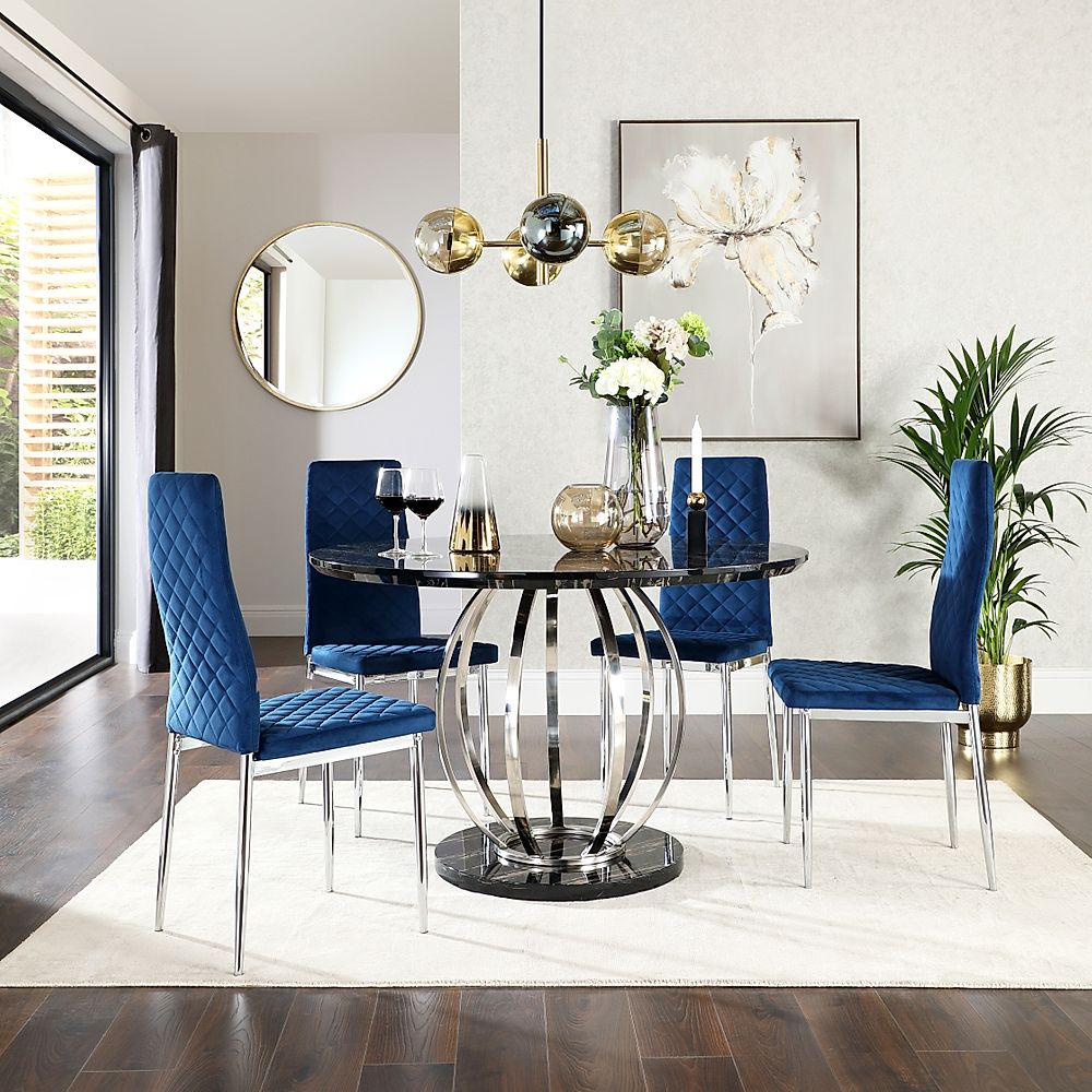 Savoy Round Dining Table & 4 Renzo Chairs, Black Marble Effect & Chrome, Blue Classic Velvet, 120cm