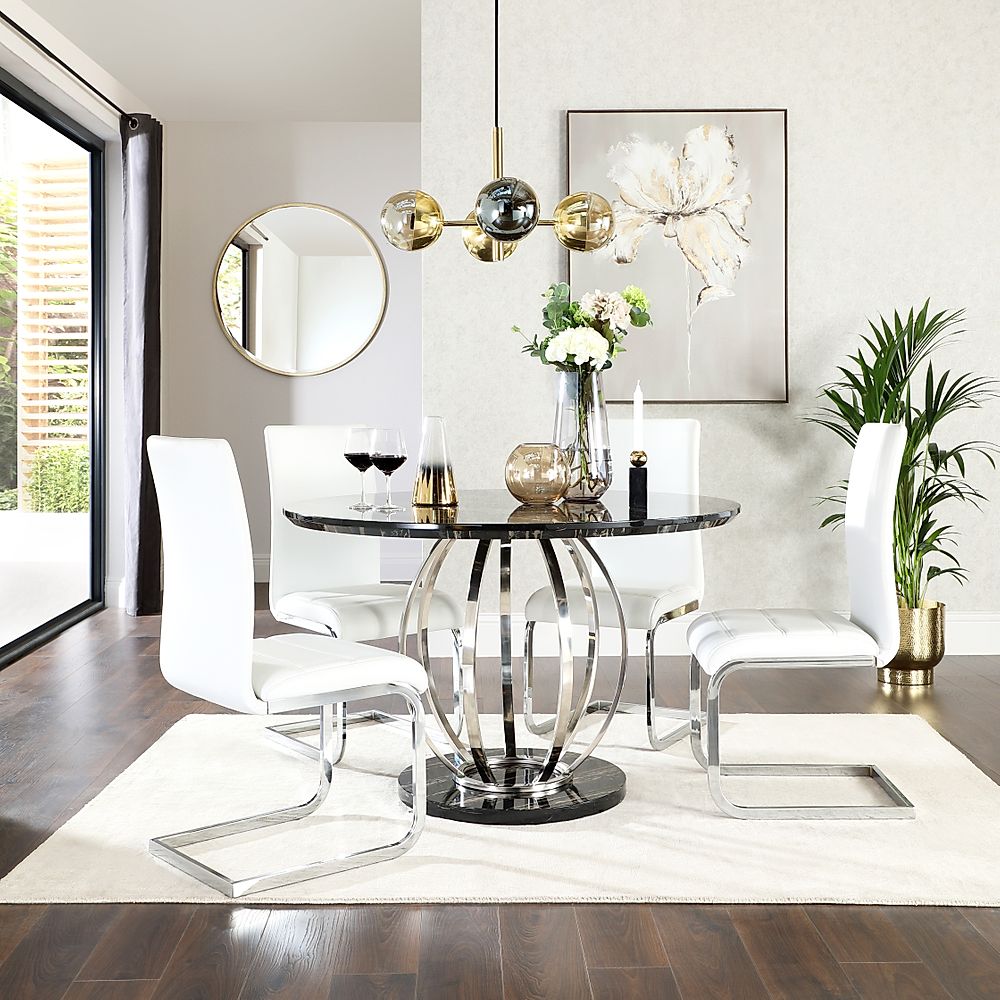 Savoy Round Dining Table & 4 Perth Chairs, Black Marble Effect & Chrome, White Classic Faux Leather, 120cm