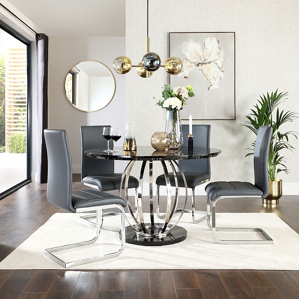 Savoy Round Dining Table & 4 Perth Chairs, Black Marble Effect & Chrome, Grey Classic Faux Leather, 120cm