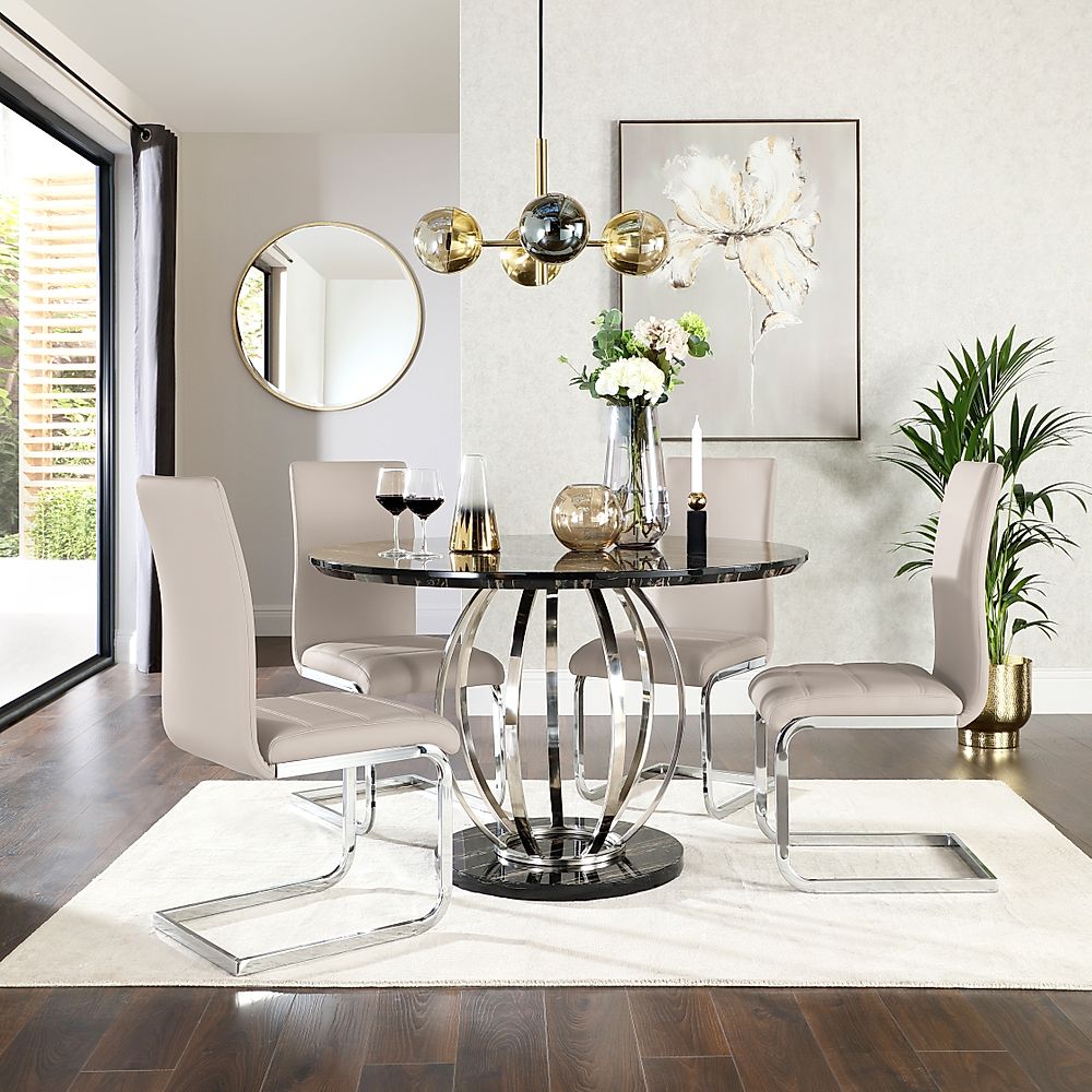 Savoy Round Dining Table & 4 Perth Chairs, Black Marble Effect & Chrome, Stone Grey Classic Faux Leather, 120cm