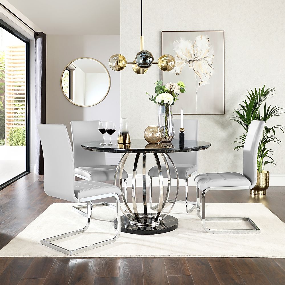 Savoy Round Dining Table & 4 Perth Chairs, Black Marble Effect & Chrome, Light Grey Classic Faux Leather, 120cm