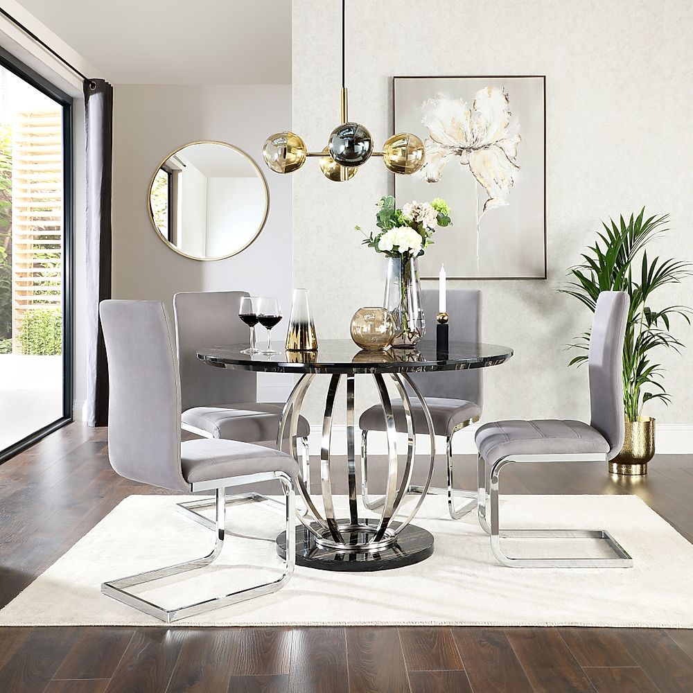 Savoy Round Dining Table & 4 Perth Chairs, Black Marble Effect & Chrome, Grey Classic Velvet, 120cm