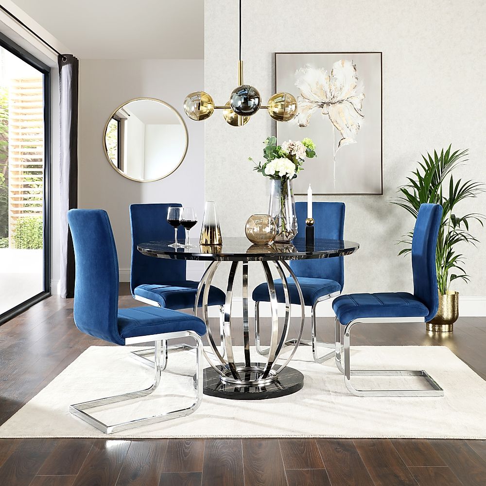 Savoy Round Dining Table & 4 Perth Chairs, Black Marble Effect & Chrome, Blue Classic Velvet, 120cm