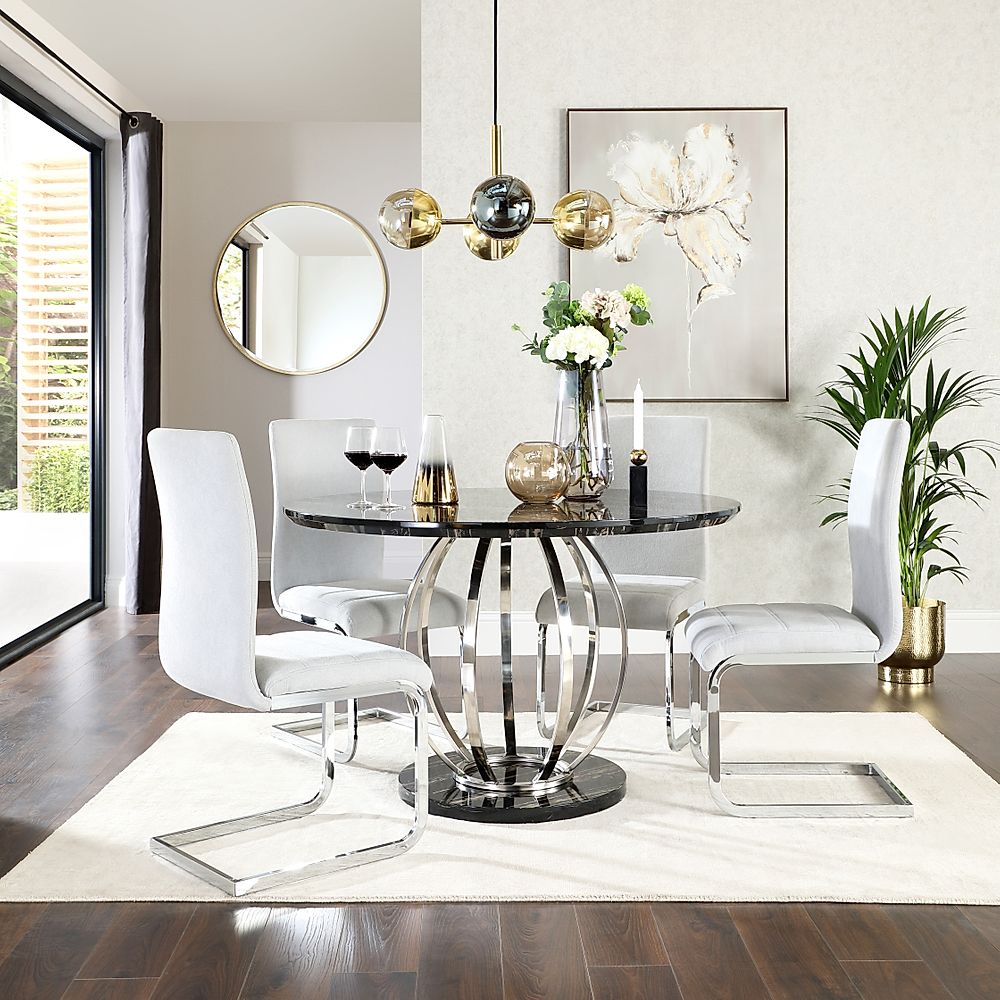 Savoy Round Dining Table & 4 Perth Chairs, Black Marble Effect & Chrome, Dove Grey Classic Plush Fabric, 120cm