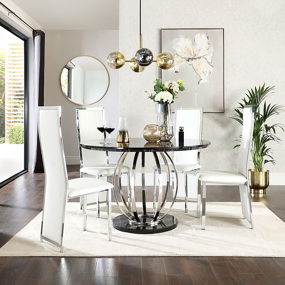 Savoy Round Dining Table & 4 Celeste Chairs, Black Marble Effect & Chrome, White Classic Faux Leather, 120cm