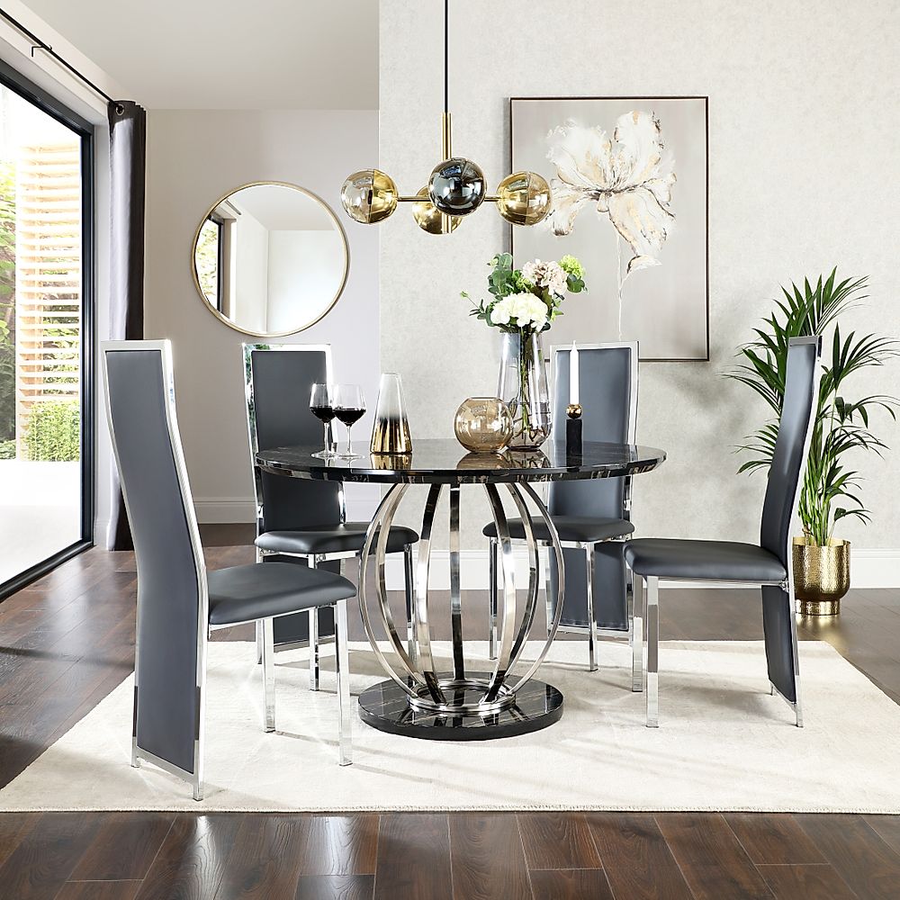 Savoy Round Dining Table & 4 Celeste Chairs, Black Marble Effect & Chrome, Grey Classic Faux Leather, 120cm