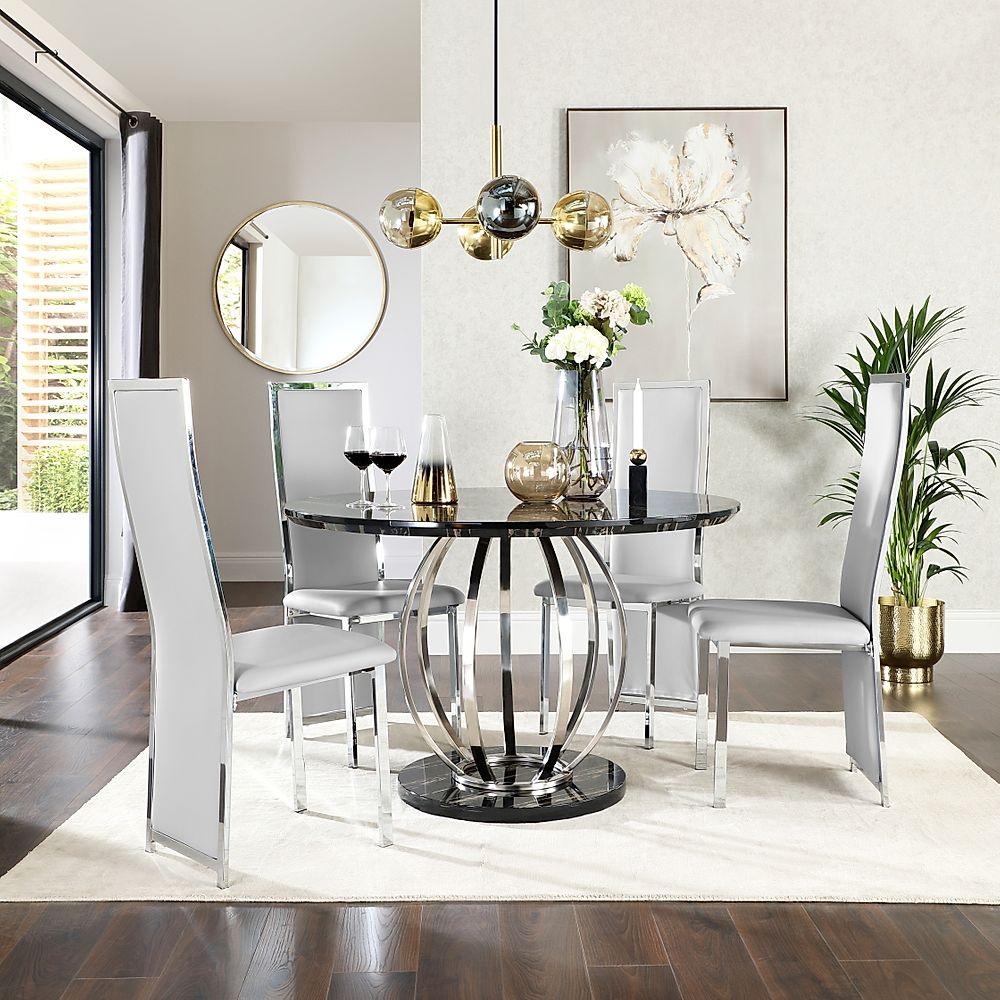 Savoy Round Dining Table & 4 Celeste Chairs, Black Marble Effect & Chrome, Light Grey Classic Faux Leather, 120cm
