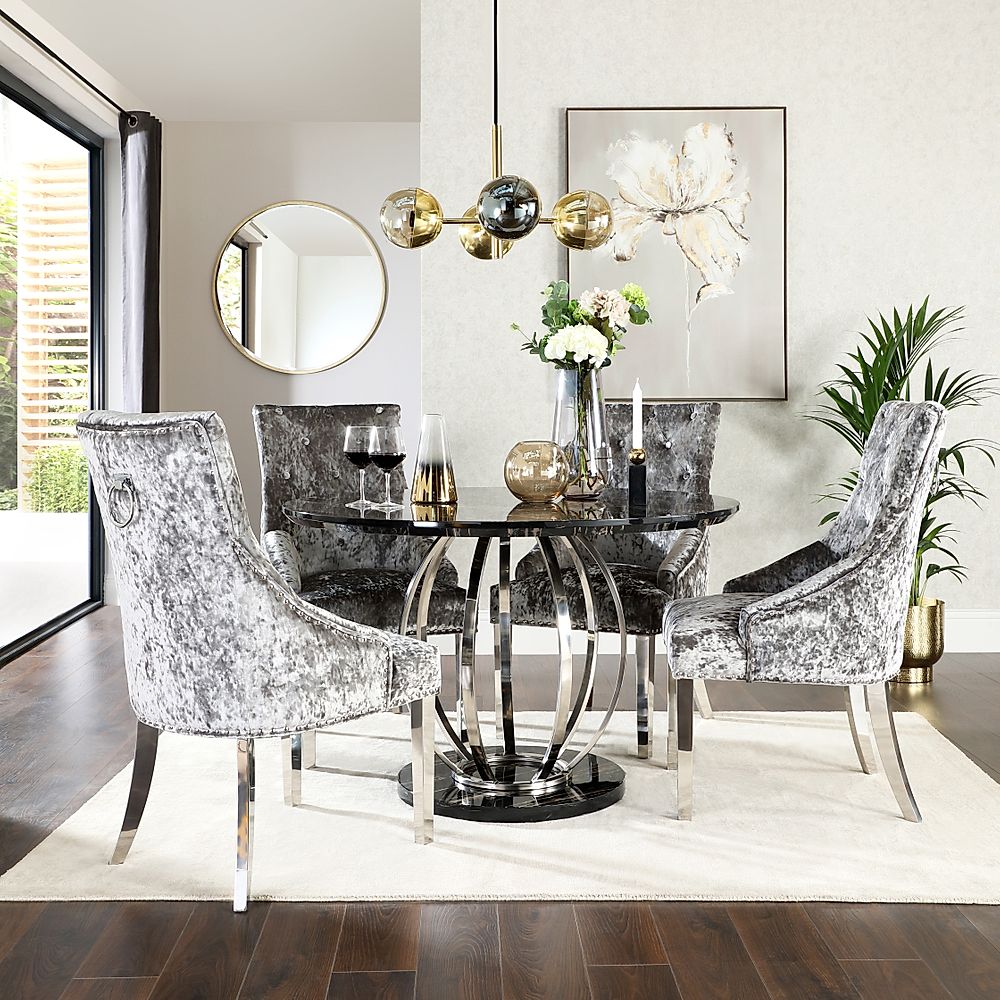Savoy Round Dining Table & 4 Imperial Chairs, Black Marble Effect & Chrome, Silver Crushed Velvet, 120cm