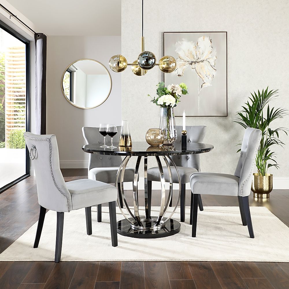 Savoy Round Dining Table & 4 Kensington Chairs, Black Marble Effect & Chrome, Grey Classic Velvet & Black Solid Hardwood, 120cm